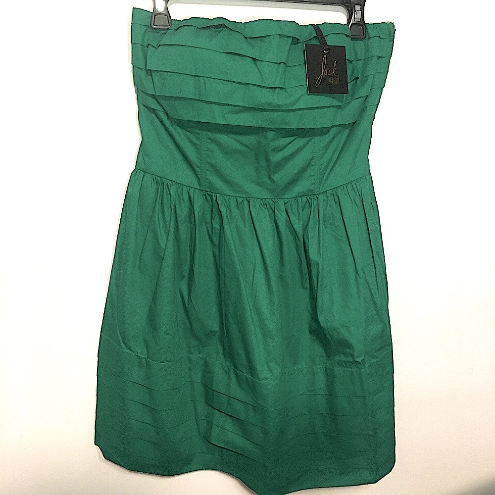 Green strapless dress.
